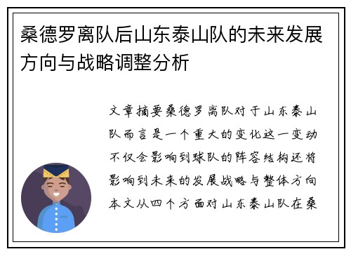桑德罗离队后山东泰山队的未来发展方向与战略调整分析