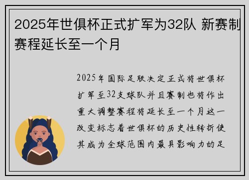 2025年世俱杯正式扩军为32队 新赛制赛程延长至一个月 2025年世俱杯正式扩军为32队 新赛制赛程延长至一个月