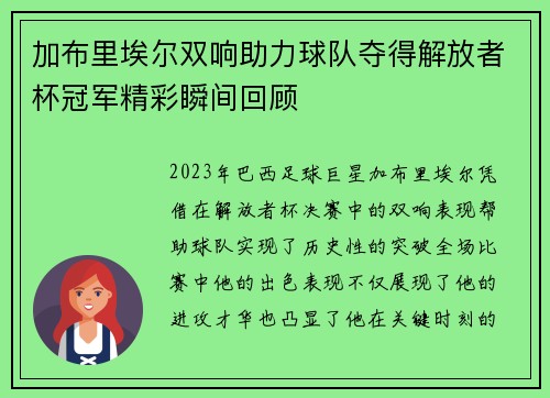 加布里埃尔双响助力球队夺得解放者杯冠军精彩瞬间回顾 加布里埃尔双响助力球队夺得解放者杯冠军精彩瞬间回顾
